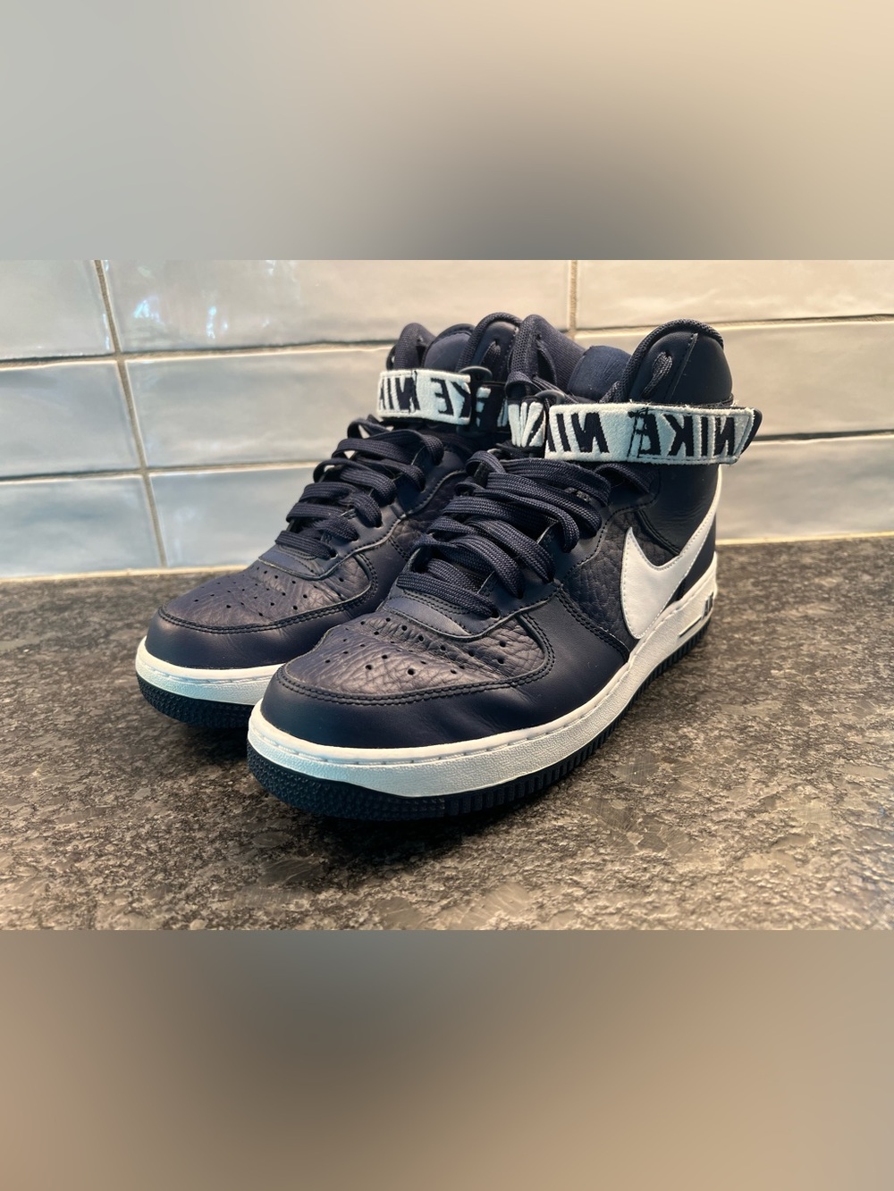 Nike AF 1 Navy and White High-Top Sneakers with Branded Strap Mens size 8.5